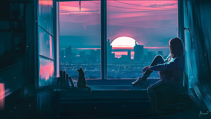 Sunset, Girl, The city, Cat, View, Window, Fantasy, Landscape, Art, Concept Art, Characters, Alena Aenam The, MrSuicideSheep, by Alena Aenami, the Way You Are, HD wallpaper