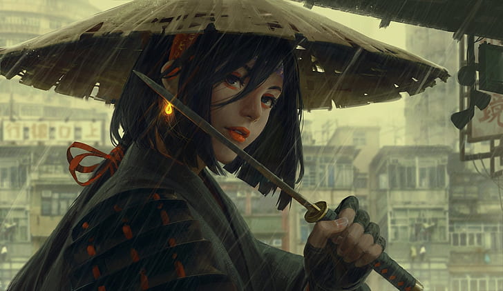 rain, hat, armor, Japan, art, arm, wakizashi, Guweiz, woman warrior, gray city, HD wallpaper