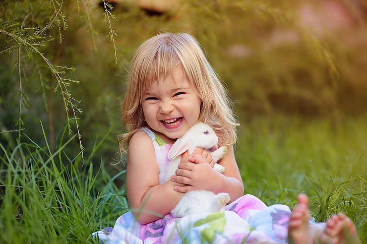 girl's white, pink, purple, blue, and green floral sleeveless dress, joy, mood, rabbit, girl, HD wallpaper