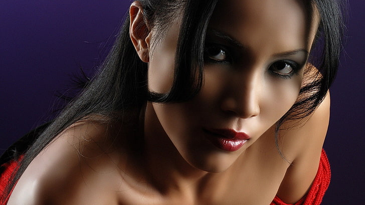 femmes, visage, cheveux noirs, maquillage, rouge à lèvres rouge, cheveux longs, modèle, asiatique, Fond d'écran HD