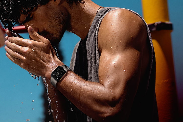men's gray tank top, man, athlete, water, wristwatch, photoshoot, HD wallpaper
