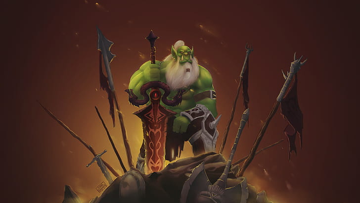 World of Warcraft Legion, uau clássico, World of Warcraft, World of Warcraft: Batalha por Azeroth, World of Warcraft: Cataclysm, Orc, arte de fantasia, arte de fã, arte de fã, pele verde, guerreiro, guerreiro de fantasia, HD papel de parede