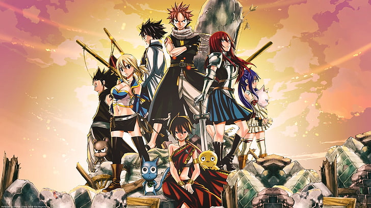 Fairy Tail digital wallpaper, Fairy Tail, Dragneel Natsu, Scarlet Erza, Heartfilia Lucy, Fullbuster Gray, Marvell Wendy, Gajeel Redfox, Éclair, anime, Happy (Fairy Tail), HD wallpaper
