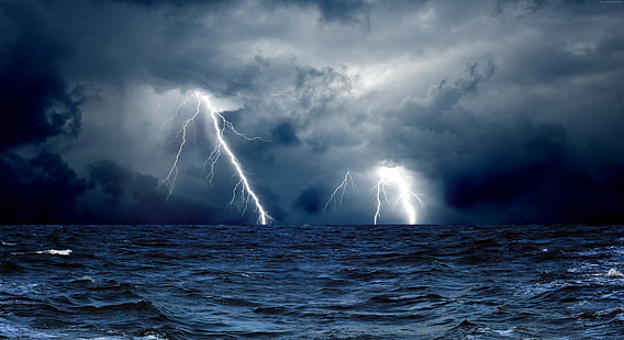 Sea, clouds, lightning, storm, ocean, 5k, 4k, 8k, HD wallpaper HD wallpaper