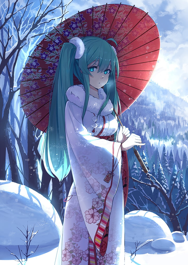 Vocaloid, Hatsune Miku, forest, traditional clothing, kimono, umbrella, long hair, twintails, trees, snow, snow flakes, sky, clouds, anime girls, anime, portrait display, HD wallpaper