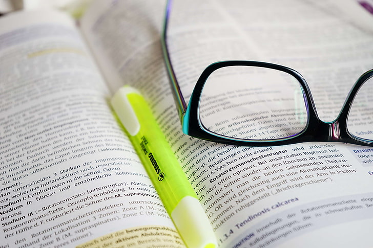 book, education, formed, glasses, highlighter, intellectual, learn, pen, read, reading glasses, text, training, HD wallpaper