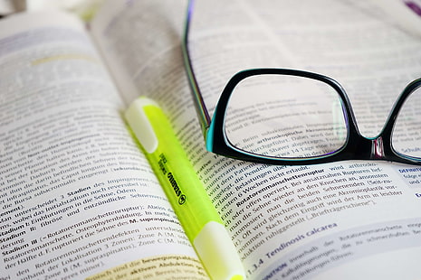 book, education, formed, glasses, highlighter, intellectual, learn, pen, read, reading glasses, text, training, HD wallpaper HD wallpaper