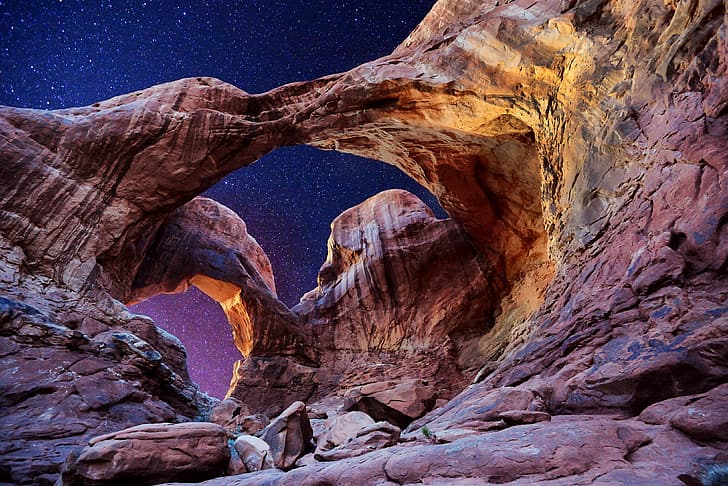 небо, звезды, арка, Юта, США, Национальный парк Арки, Двойная арка, HD обои