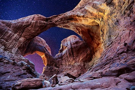 ท้องฟ้า ดาว ซุ้มประตู ยูทาห์ สหรัฐอเมริกา อุทยานแห่งชาติ Arches Double Arch, วอลล์เปเปอร์ HD HD wallpaper