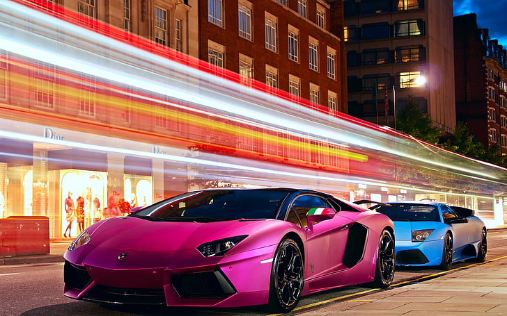 Lamborghini Pink Car, pink Lamborghini Aventador and blue Lamborghini Murcielago coupes, Cars, Lamborghini, HD wallpaper