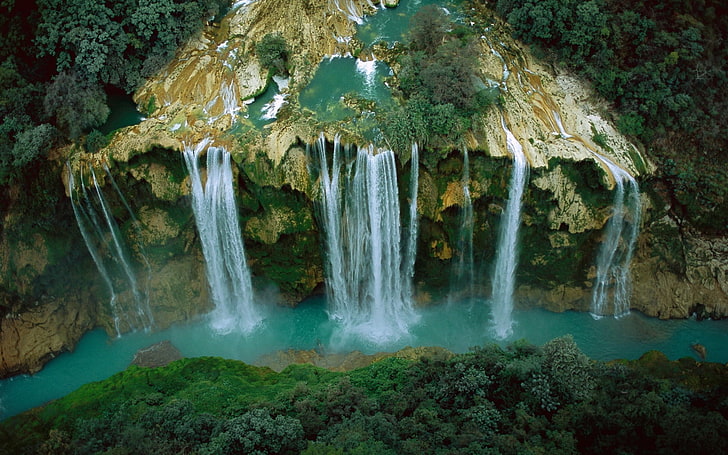 въздушна снимка на водопади, водопад, река, скала, гора, Мексико, въздушен изглед, природа, пейзаж, HD тапет