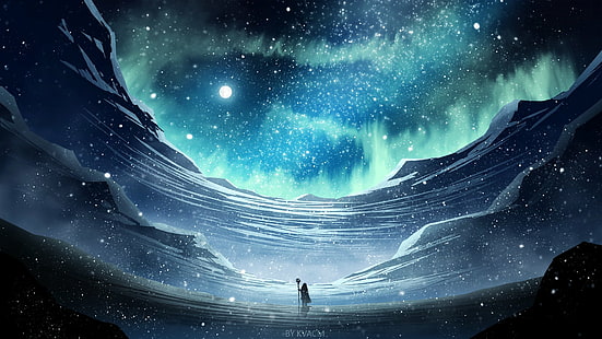 Fantasie, Zauberer, Aurora Borealis, Blau, Nacht, Sterne, HD-Hintergrundbild HD wallpaper
