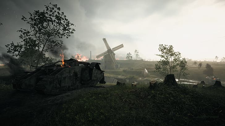 PC gaming, screen shot, in-game, World War I, River Somme, France, Battlefield 1, Trenches, field, destruction, overcast, Mark I, British, HD wallpaper