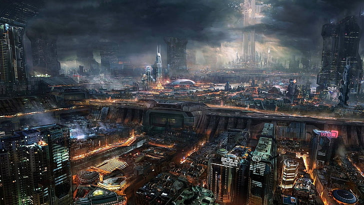 Stadtbild digitale Tapete, Cyberpunk, futuristisch, futuristische Stadt, Stadtbild, HD-Hintergrundbild