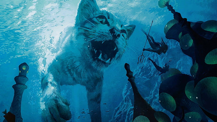 Ilustración de gatos y personas, arte de fantasía, bajo el agua, Magic: The Gathering, Fondo de pantalla HD
