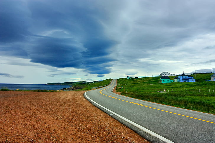 highway illustration, Cabot Trail, Scenic Route, HDR, highway, illustration, angle, canada, canadian, cape, cloud, clouds, country, countryside, cyan, dynamic, high, house, houses, image, landscape, lane, margaree, nature, nova, overcast, photo, photograph, picture, range, resource, road  route, rural, scene, scenery, scotia, stock, street, trail, white, wide-angle, road, rural Scene, cloud - Sky, sky, outdoors, travel, summer, asphalt, europe, HD wallpaper
