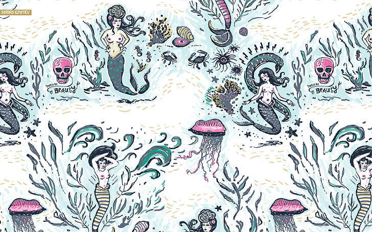 Mermaid Party, azul, cangrejos, ilustración, azul claro, sirenas, ostras, rosa, caballitos de mar, calaveras, Fondo de pantalla HD