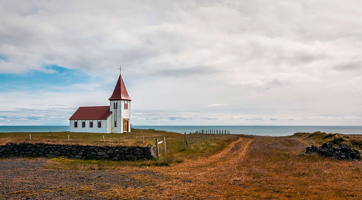 autumn, away, church, clouds, cloudy, iceland, kahl, lonely, mood, off the beaten track, old, outlook, pasture, path, quiet, relaxing, sea, sky, steinig, stone wall, view, wall, weathered, HD wallpaper