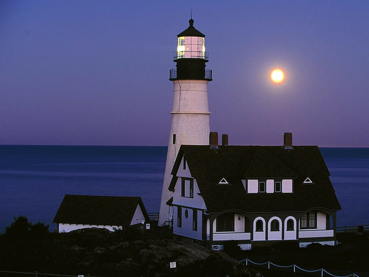 Leuchtturm, Meer, Mond, Nacht, Küste, HD-Hintergrundbild