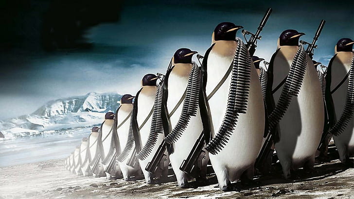 пистолет, лед, фантазия, оръжие, армия, животно, пушка, боеприпаси, Антарктика, пингвини, HD тапет