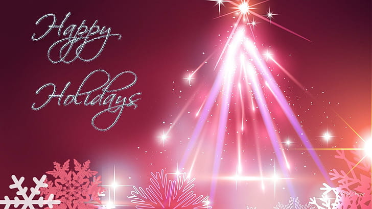 Holidays In Pink, happy holidays text, snowflakes, christmas, tree, bright, feliz navidad, sparkle, pink, abstract, light, xmas, glow, 3d and, HD wallpaper