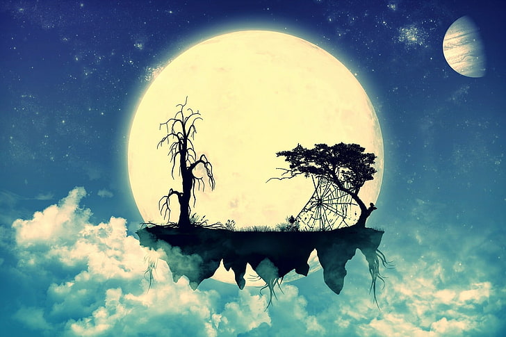 силует на дърво на луна, абстрактно, плаващ остров, силует, луна, облаци, светещи, паяжини, HD тапет