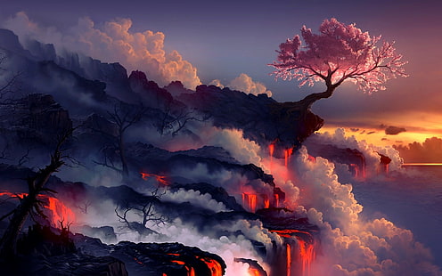 árbol de hojas de color rosa, árbol de flores de pétalos de color rosa cerca del borde de una montaña, arte de fantasía, lava, paisaje, flor de cerezo, puesta de sol, vida, flor, Fondo de pantalla HD HD wallpaper