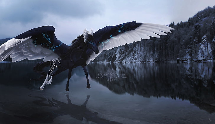 schwarzer Pegasus, Blitz, Wasser, Fantasie, HD-Hintergrundbild