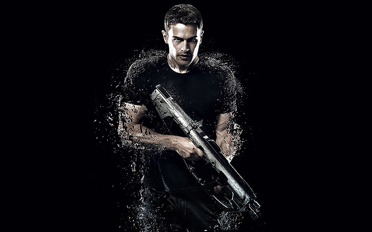 мъжка черна риза на врата на екипажа, кино, пистолет, войник, актьор, оръжие, филм, пушка, филм, поза, войн, силен, мускулест, Четири, 2015 г., Тео Джеймс, The Divergent Series, Divergent 2, Insurgent, HD тапет