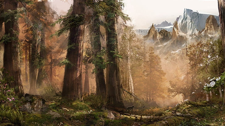 alberi vicino alla pittura di montagna, primordiali lontani, videogiochi, Sfondo HD