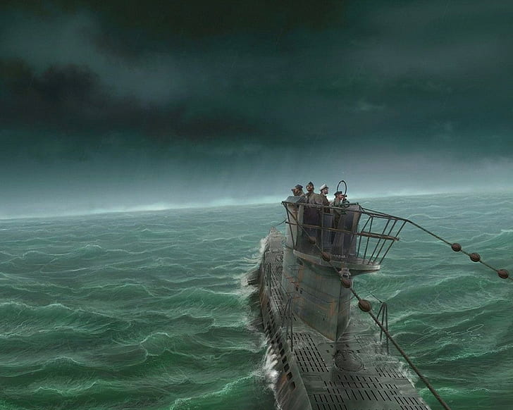 подводная лодка, произведения искусства, шторм, море, военные, транспортное средство, HD обои