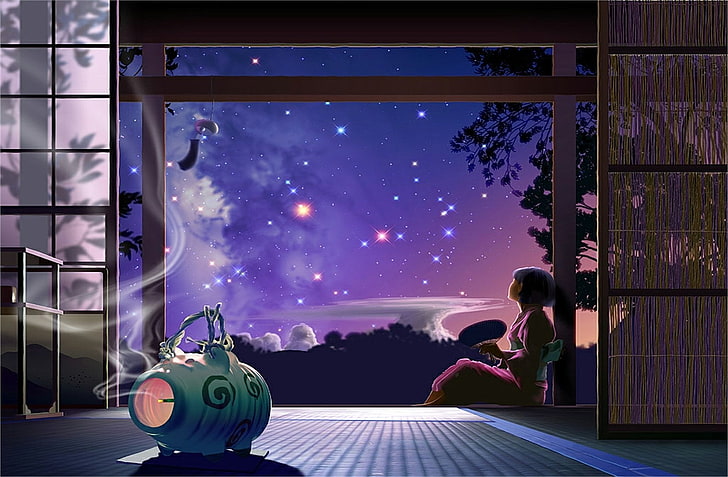 frau sitzt auf dem boden illustration, anime, original, mädchen, kimono, original (anime), sternenhimmel, HD-Hintergrundbild