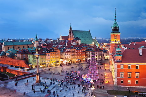 Polen, Warszawa, stadsbild, byggnader, ljus, människor, jul, stad, HD tapet HD wallpaper