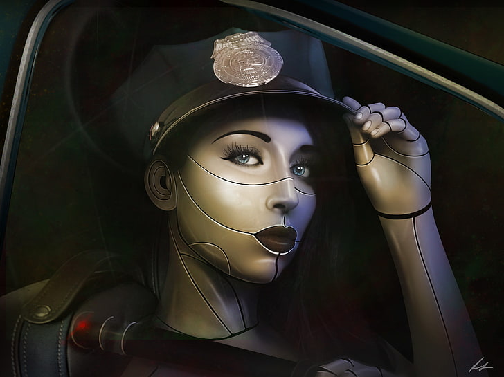 kvinna med officer cap digital tapeter, konstverk, robot, science fiction, digital konst, HD tapet