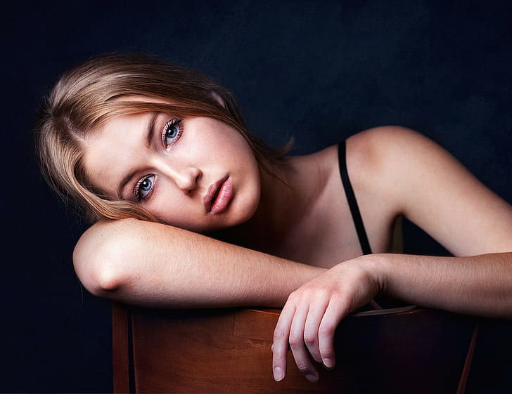 women, Marina Kivokurtseva, face, portrait, blue eyes, chair, Zachar Rise, simple background, HD wallpaper