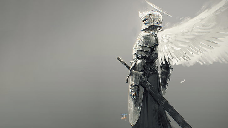 orang dengan ilustrasi pedang, baju fantasi, seni fantasi, pedang, ksatria, sayap malaikat, Wallpaper HD