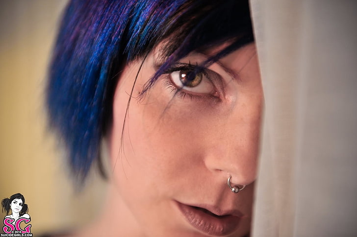 Suicide Girls, Riae Suicide, nose rings, blue hair, women, model, HD wallpaper