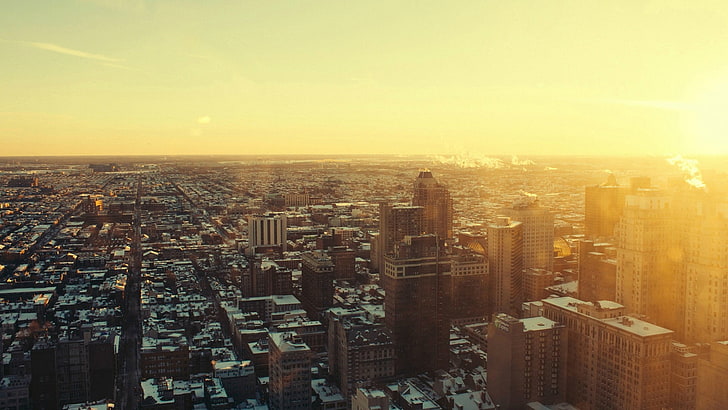 مباني المدينة باللونين الأسود والرمادي ، مناظر المدينة ، المدينة ، ضوء الشمس ، شيكاغو ، السحب ، ناطحة السحاب، خلفية HD