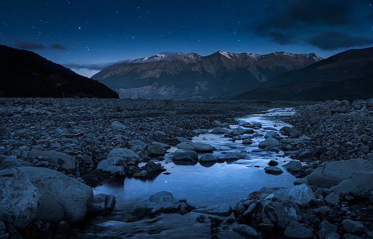 body of water, stars, night, stones, stream, Mountains, mountain river, southern Alps, HD wallpaper