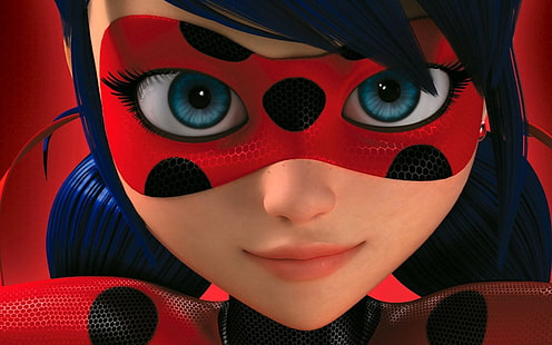 Ladybug girl, red, dot, fantasy, black, face, eyes, mask, HD wallpaper HD wallpaper