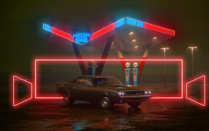 car, neon, night, old, old car, HD wallpaper