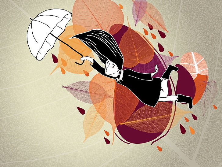 woman holding umbrella flying above illustration, girl, fall, umbrella, rain, HD wallpaper