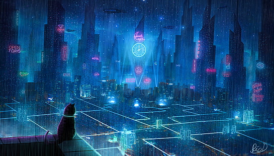 gato, telhado, cidade, luzes de neon, metrópole, futuro, cyberpunk, HD papel de parede HD wallpaper