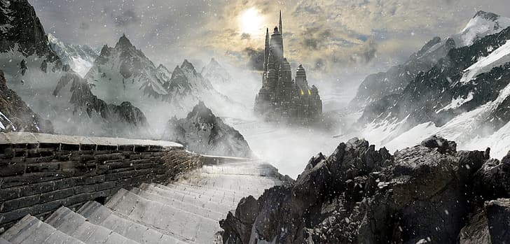 snow, mountains, castle, rocks, ice, fantasy, ladder, steps, Blizzard, snowfall, Scott Richard, stairs, Ice castle, HD wallpaper
