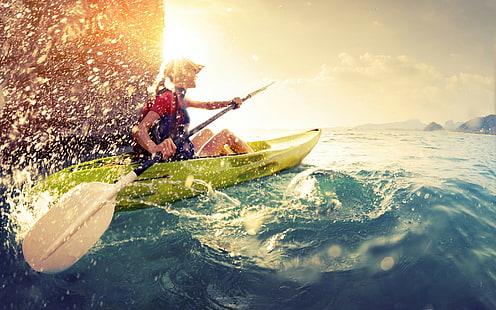Kayak rowing, women's in red shirt riding green kayak, kayak, rowing, water, sun, HD wallpaper HD wallpaper