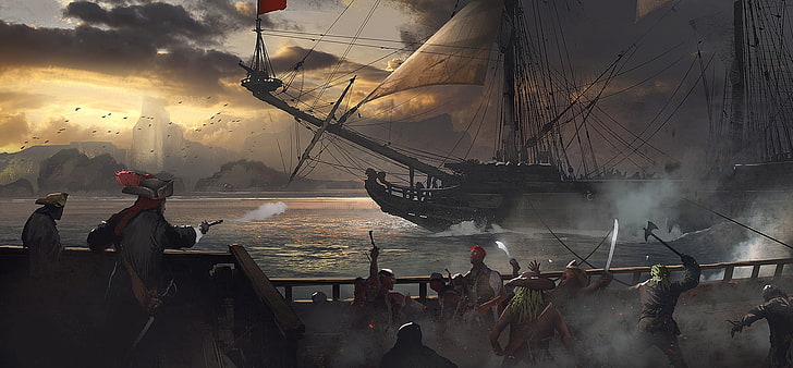 couverture de jeu de navire galion, pirates, art fantastique, artwork, Fond d'écran HD