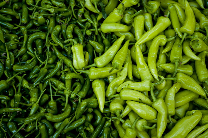 green hot chilli peppers, pepper, chile, sweet pepper, green, HD wallpaper