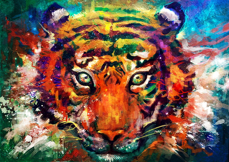 Оранжевый тигр, живопись, глаза, взгляд, тигр, животное, голова, арт, HD обои