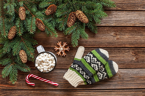dekorasi, Tahun Baru, Natal, mug, kayu, sarung tangan, piala, xmas, Selamat, pohon cemara, cokelat panas, marshmallow, cabang pohon cemara, marshmallow, Wallpaper HD HD wallpaper