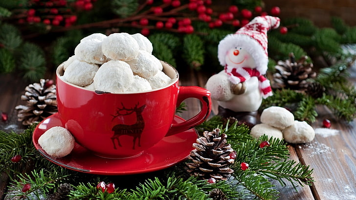 cup, Christmas, winter, holiday, wreaths, sweets, HD wallpaper